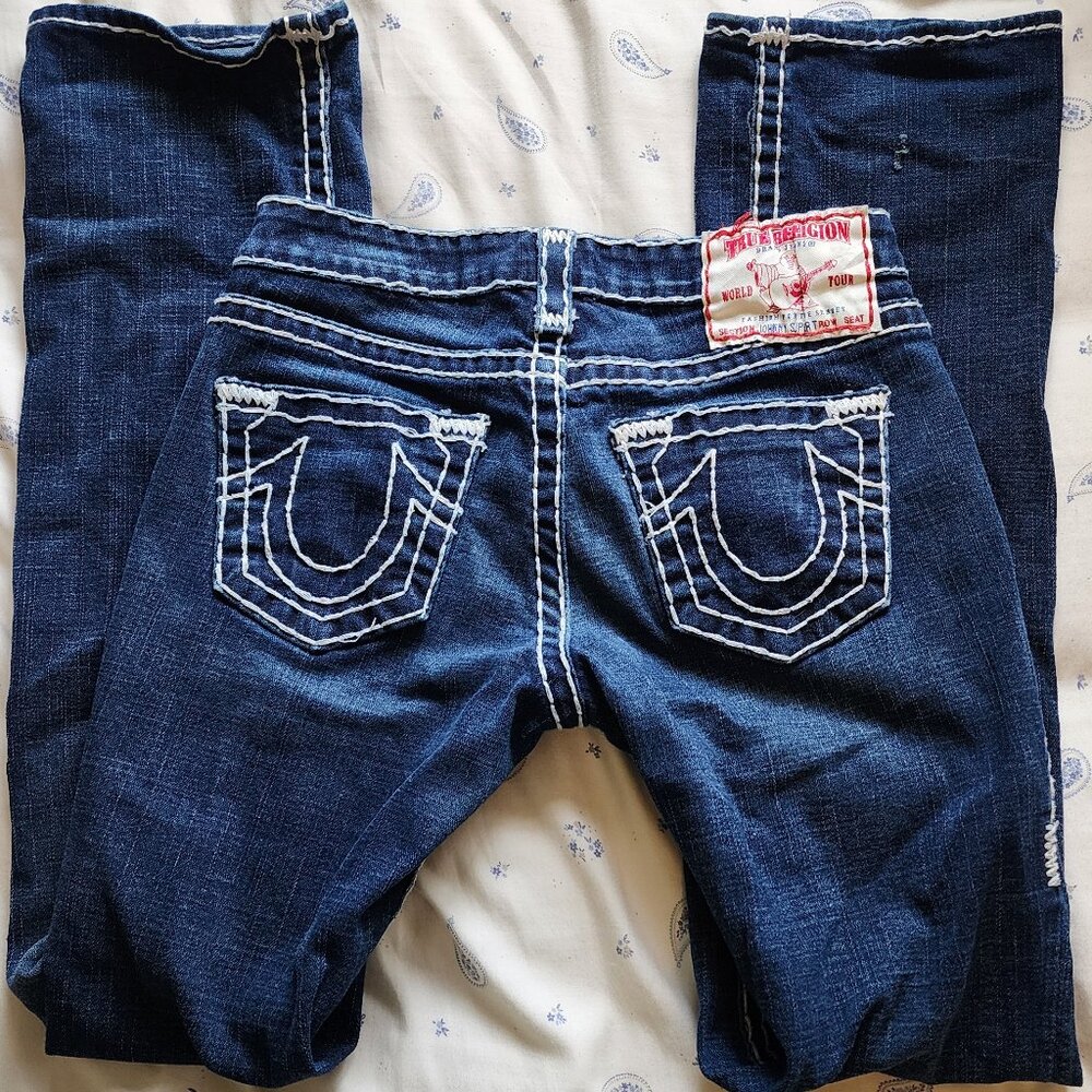 True Religion Jeans sz 29 low rise dark wash high contrast bootcut jeans